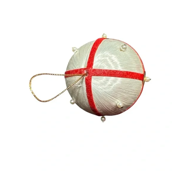 Vintage Old Fashioned Handmade Satin Elegant Red and White Holiday Ball Ornament - Picture 2 of 3